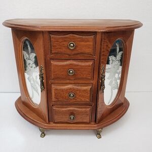 Vintage London Leather Wooden Claw Feet Jewelry Armoire Floral Etched Glass Aged